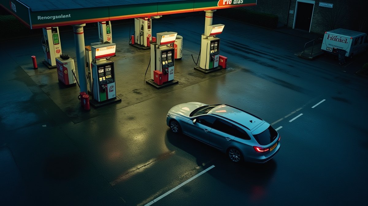 UK petrol station forecourt at dusk