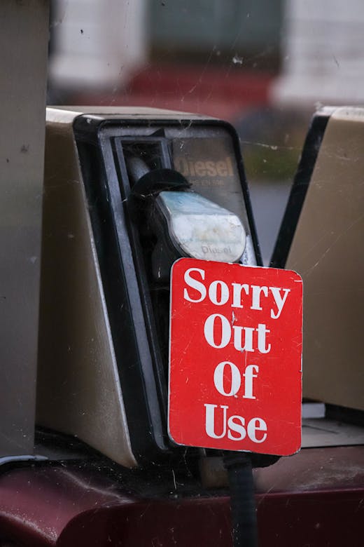 A UK diesel pump with a 'Sorry Out Of Use' sign