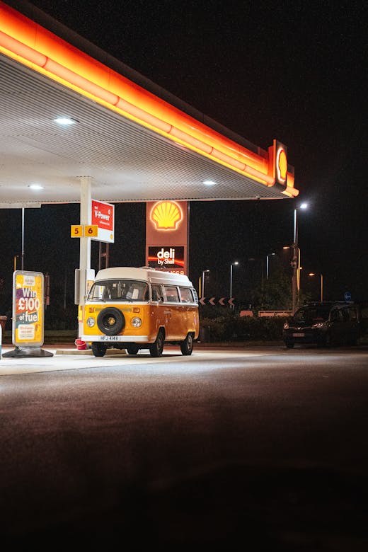 UK Shell forecourt at night