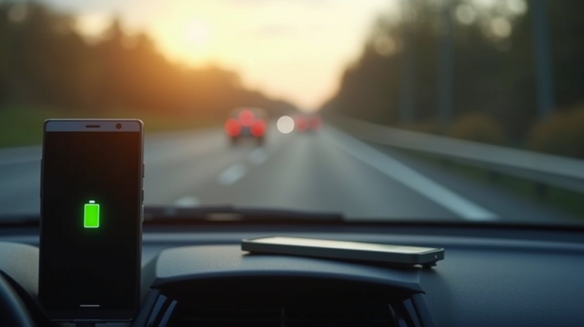 Smartphone on car dashboard showing low battery