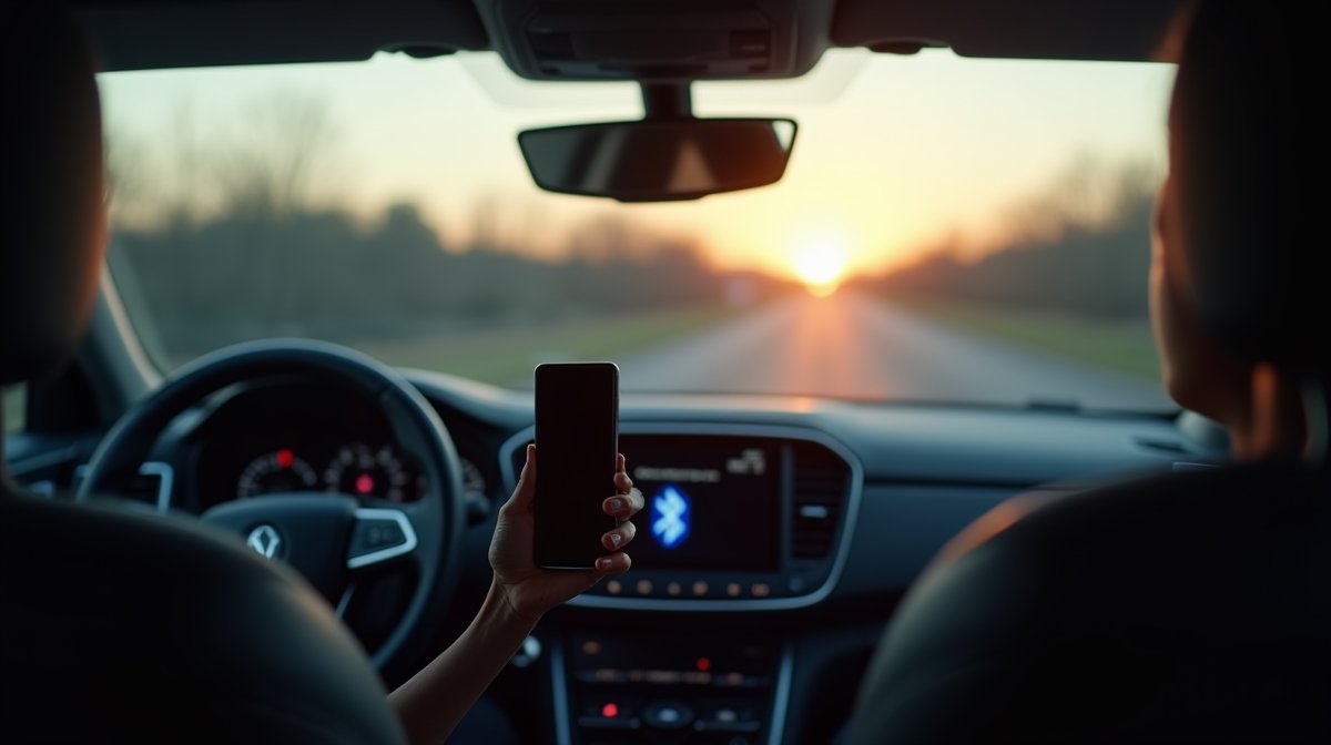 Car interior with phone mounted on dashboard and Bluetooth symbol on infotainment