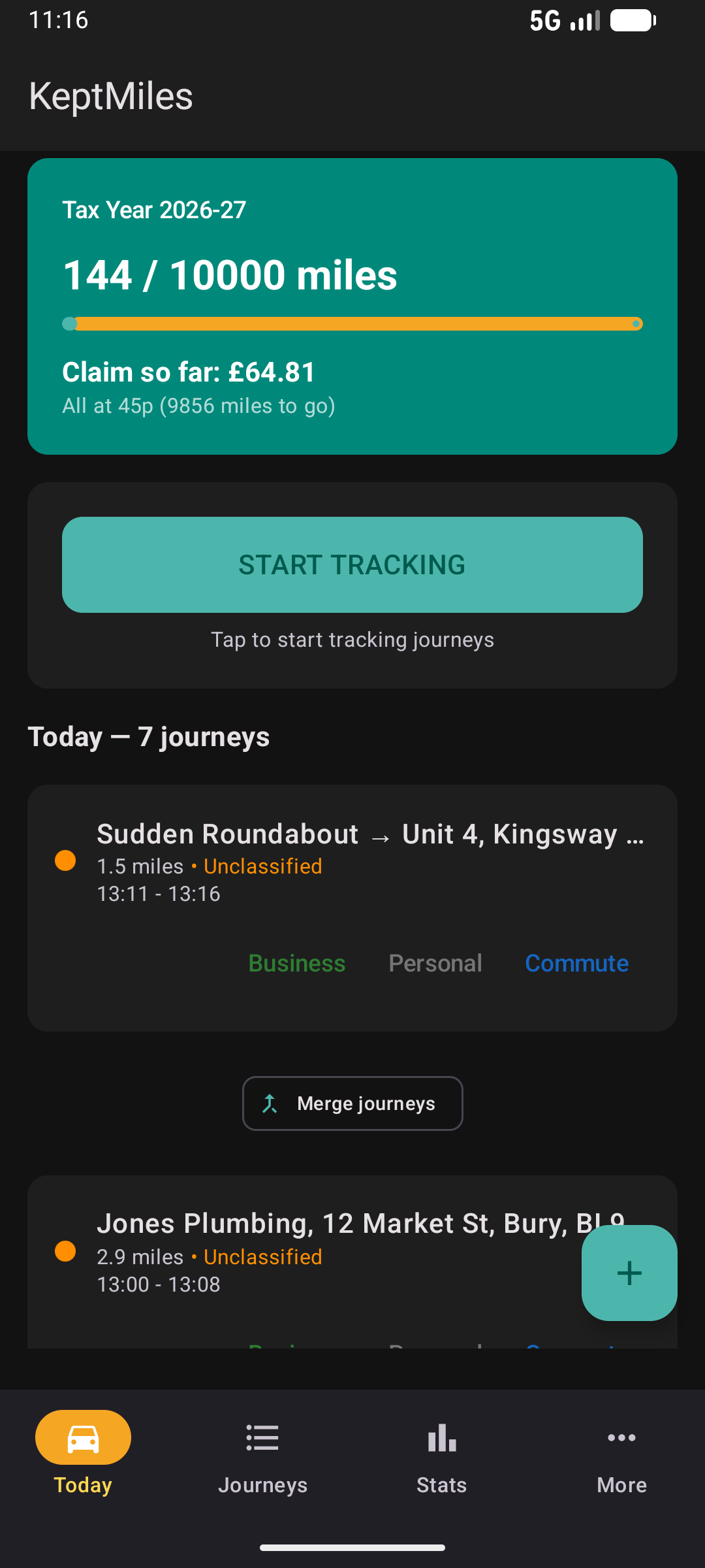 Today dashboard in dark mode showing tax year progress, claim total, and today's journeys