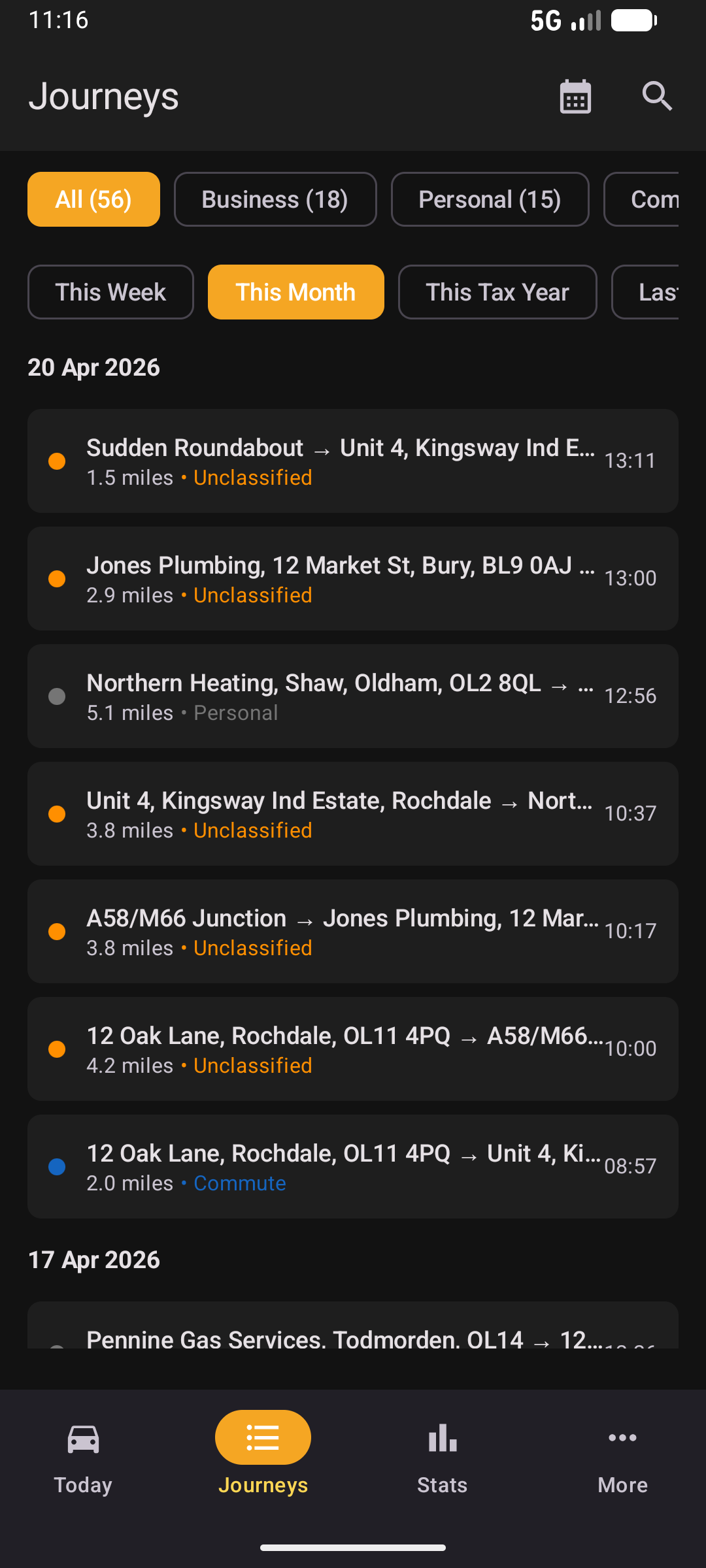 Journeys list in dark mode with filter chips for Business, Personal, and Commute across a date range