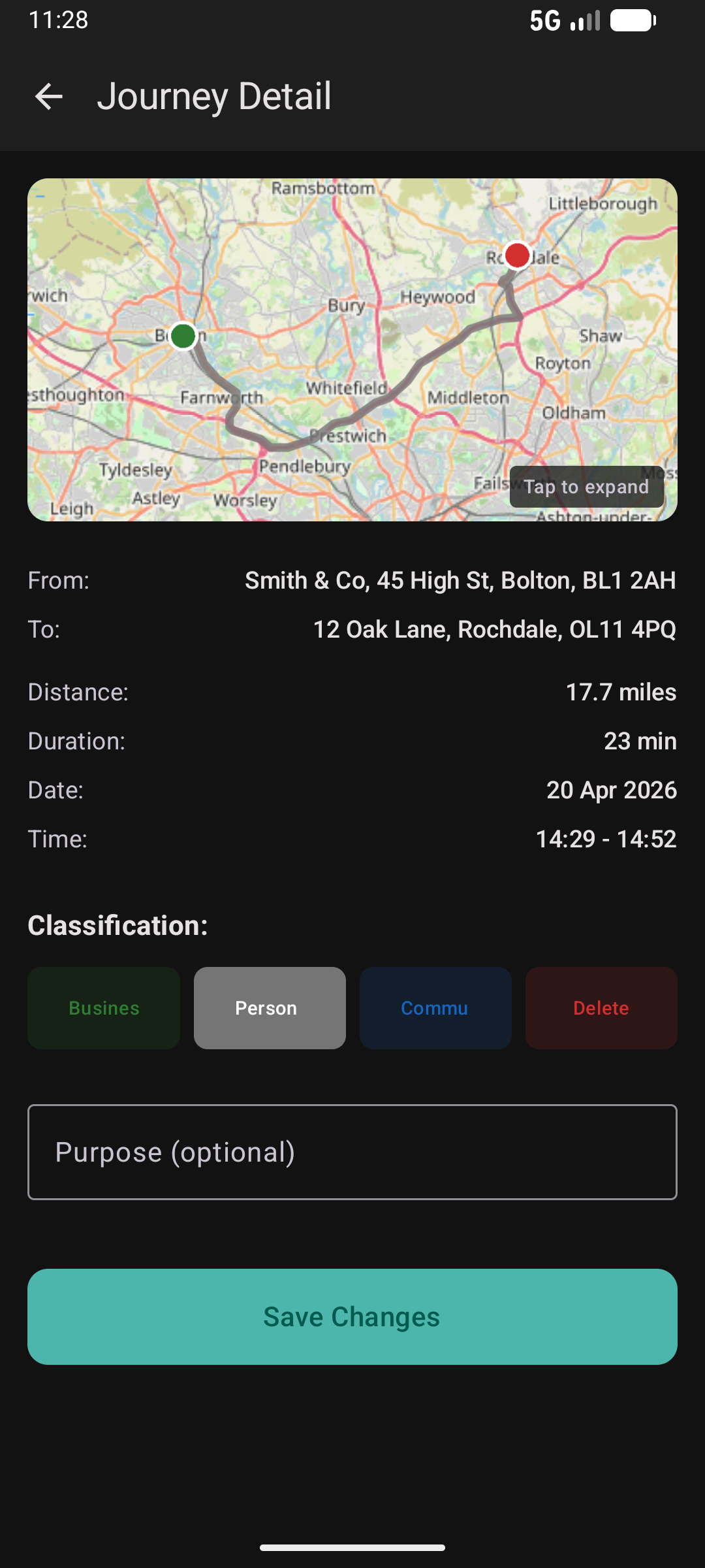 Journey detail in dark mode showing a route map following roads, addresses, distance, duration, classification buttons, and purpose