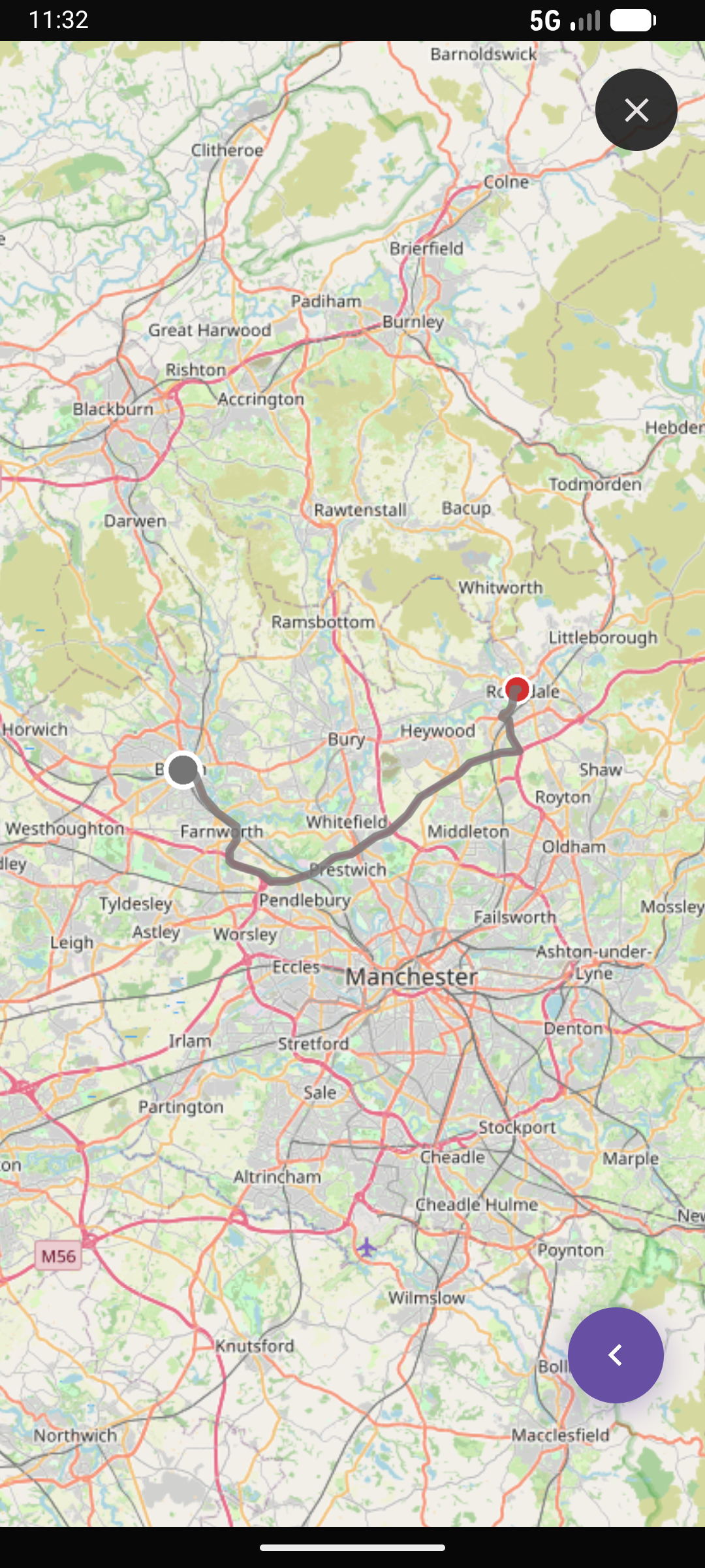 Full-screen OpenStreetMap route for a 17.7 mile journey from Bolton to Rochdale with the polyline following real roads