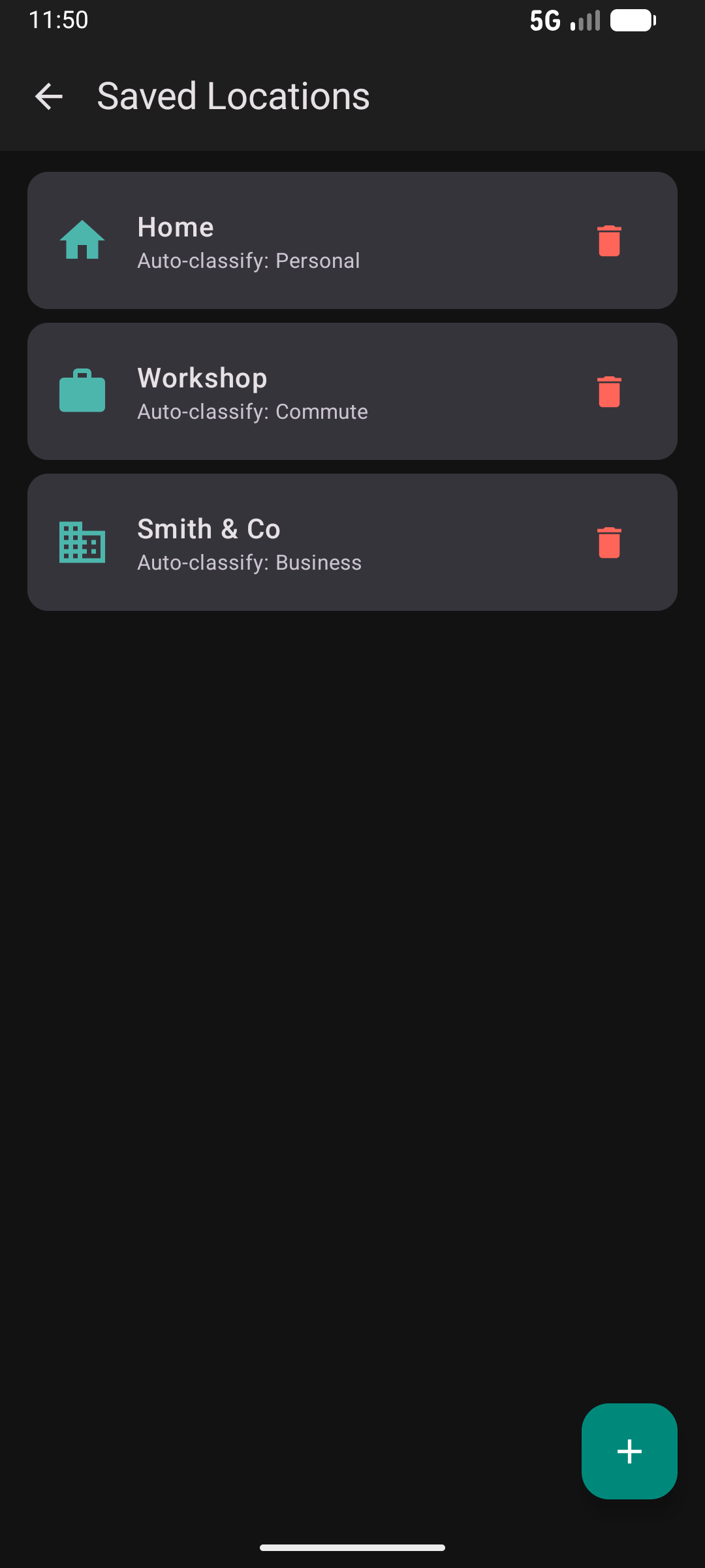Saved Locations screen in dark mode with Home, Workshop, and client entries each tagged with an auto-classify rule