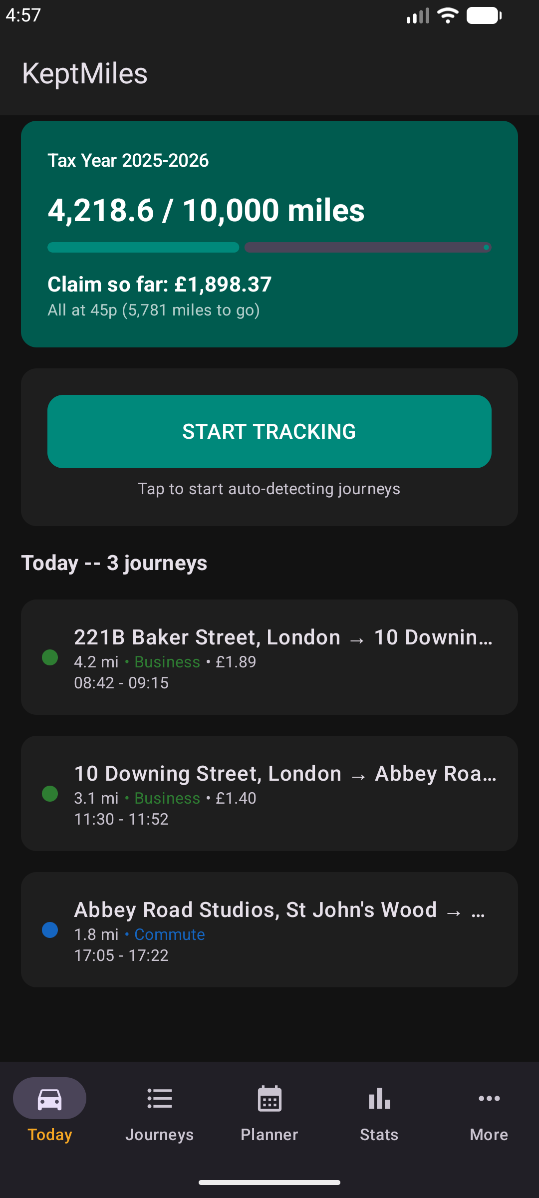 Today dashboard in dark mode showing tax year progress bar, claim total, tracking toggle, and today's journeys with classification dots