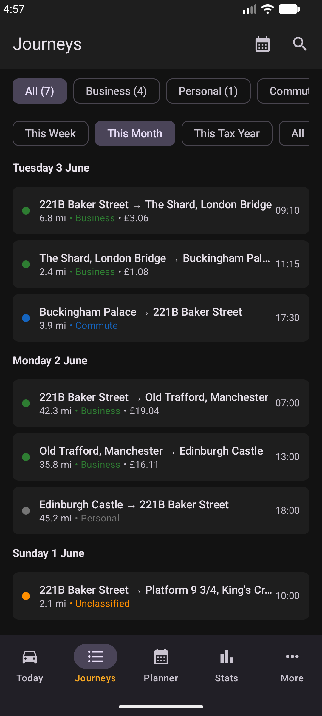 Journeys list in dark mode with filter chips for All, Business, Personal, Commute, and Unclassified, grouped by date