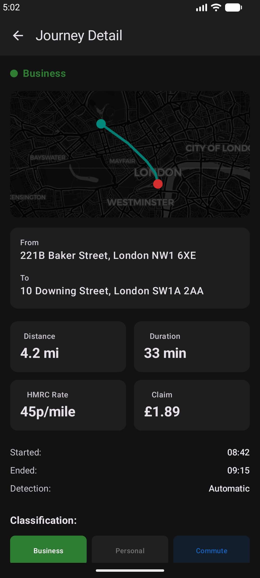 Journey detail in dark mode showing From and To addresses, distance, duration, HMRC rate, claim amount, and classification buttons