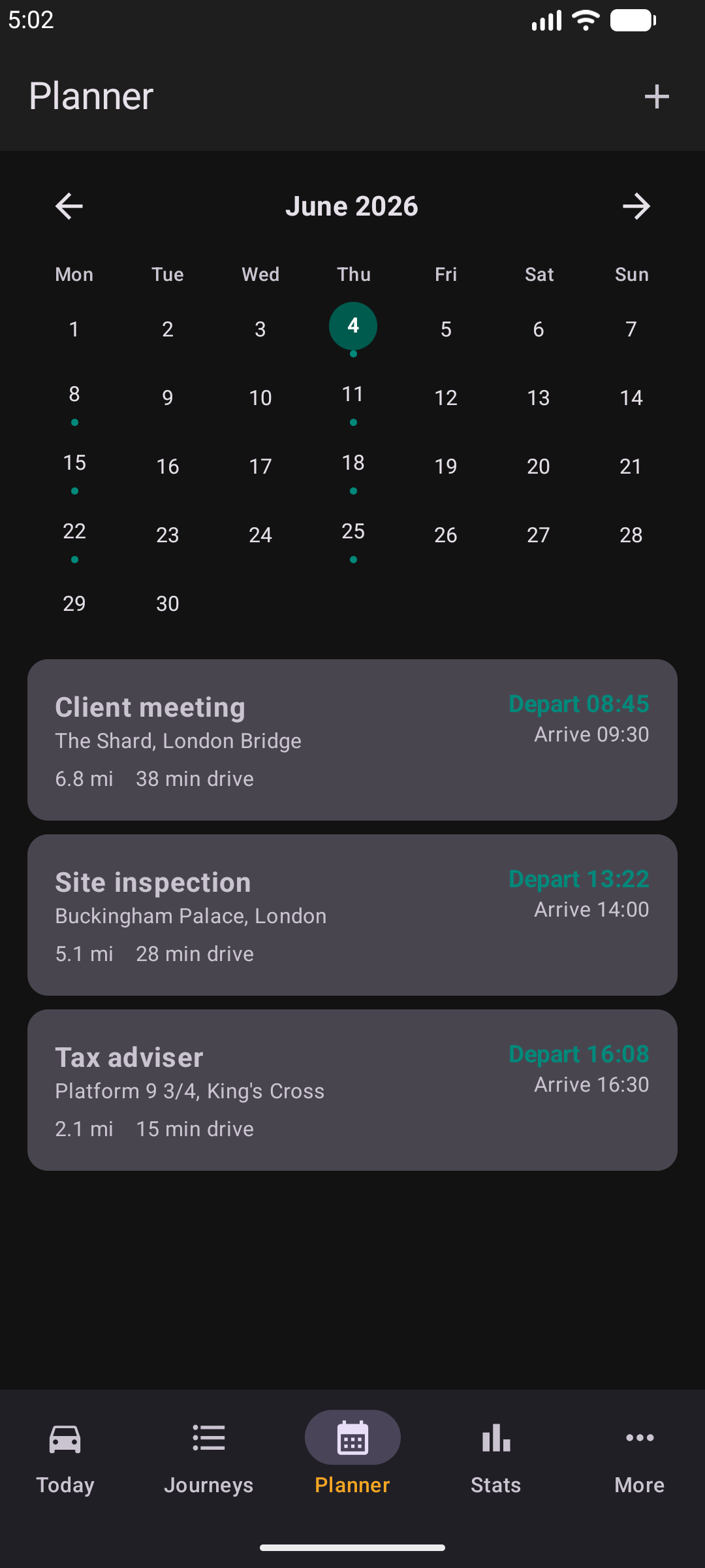 Journey Planner in dark mode with a monthly calendar, three planned journeys showing departure and arrival times, miles, and drive time