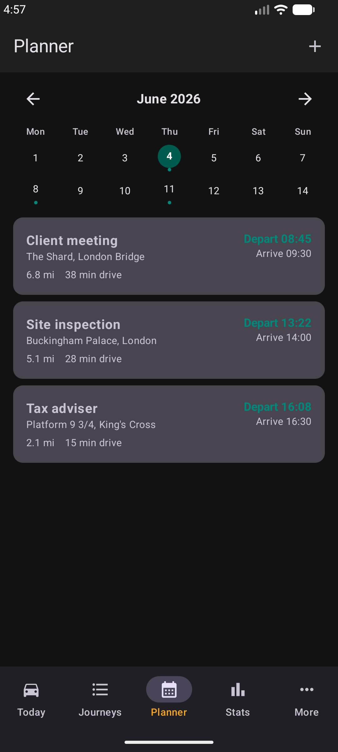 Statistics screen in dark mode showing tax year totals, monthly bar chart, 10,000-mile threshold prediction, and export buttons
