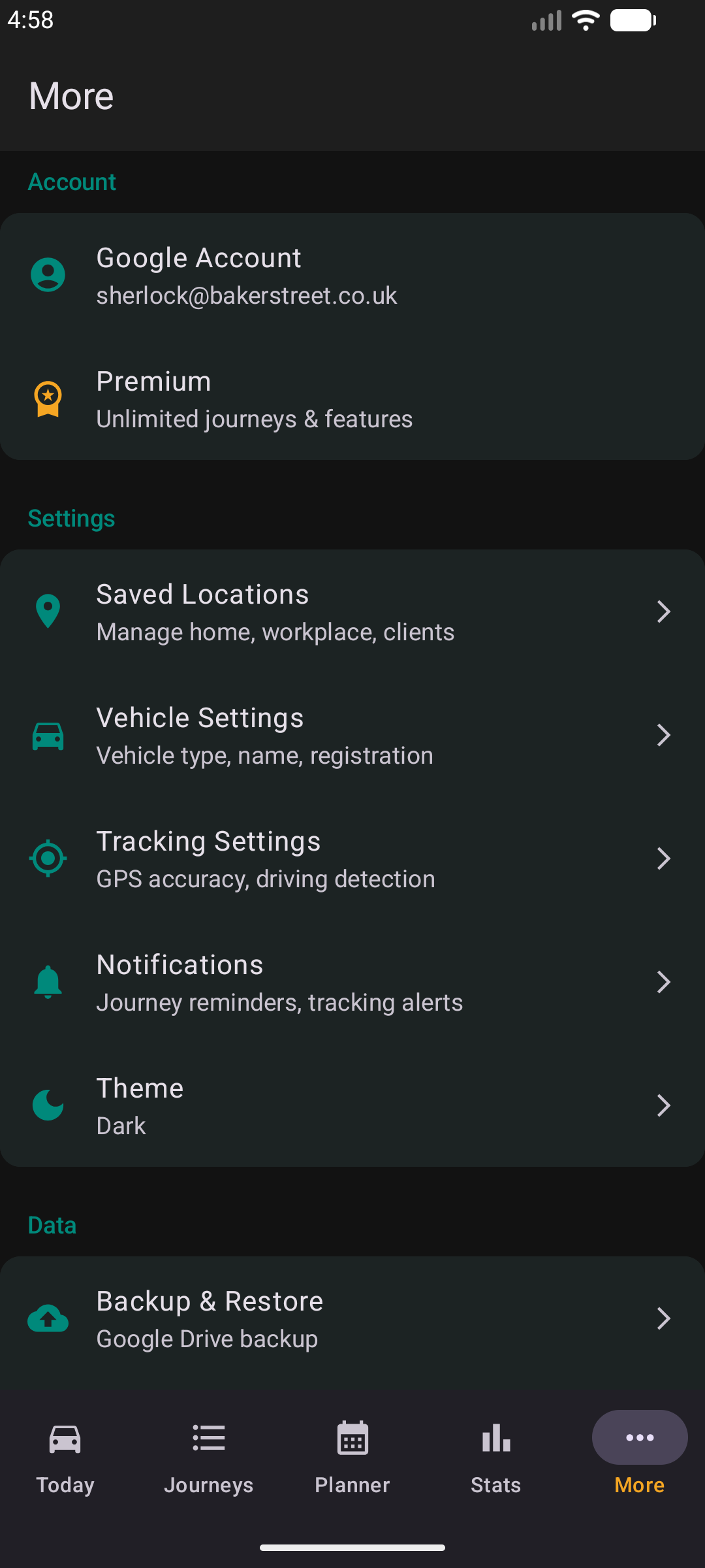 More screen in dark mode with Account, Settings, Data, and About sections, including saved locations, vehicle and tracking settings