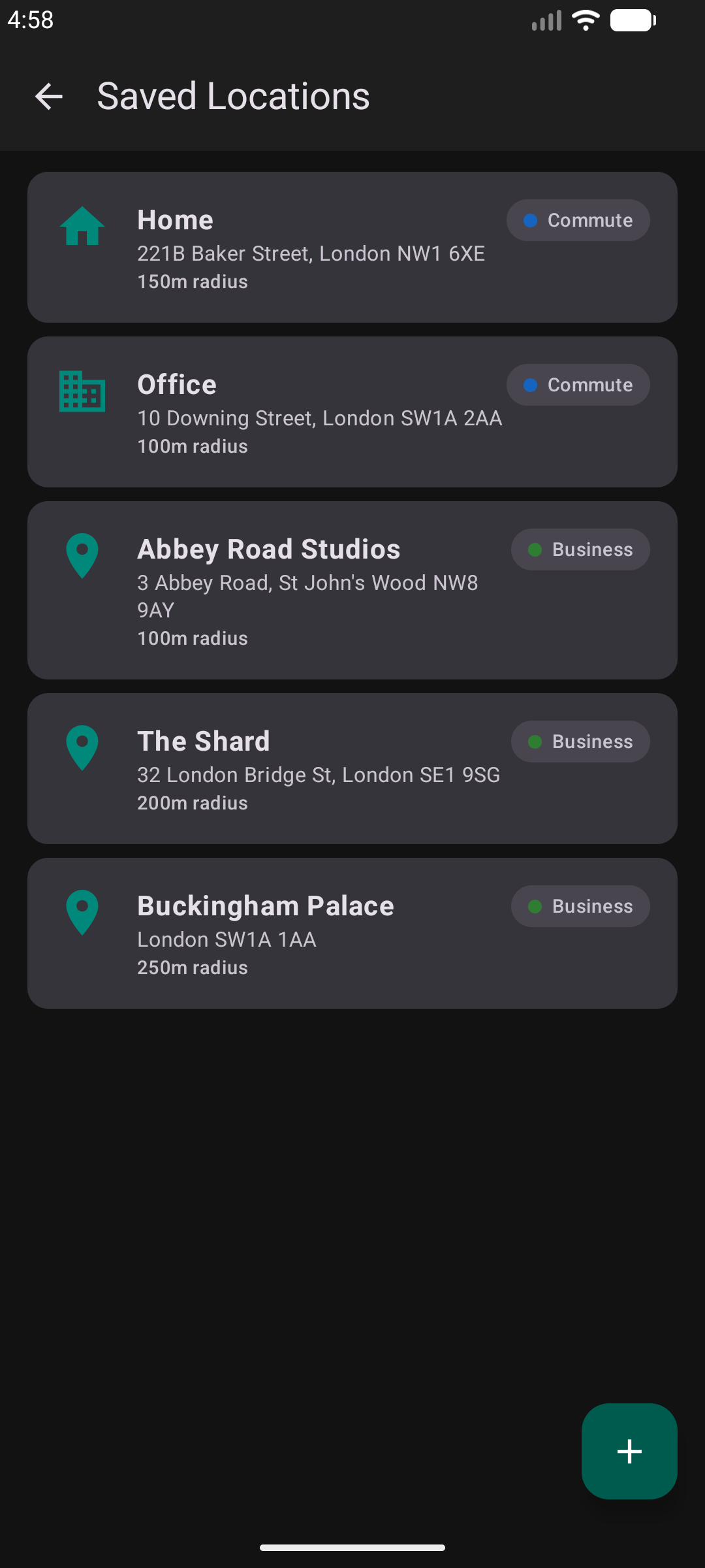 Saved Locations screen in dark mode with Home, Office, and client entries each tagged with an auto-classify badge