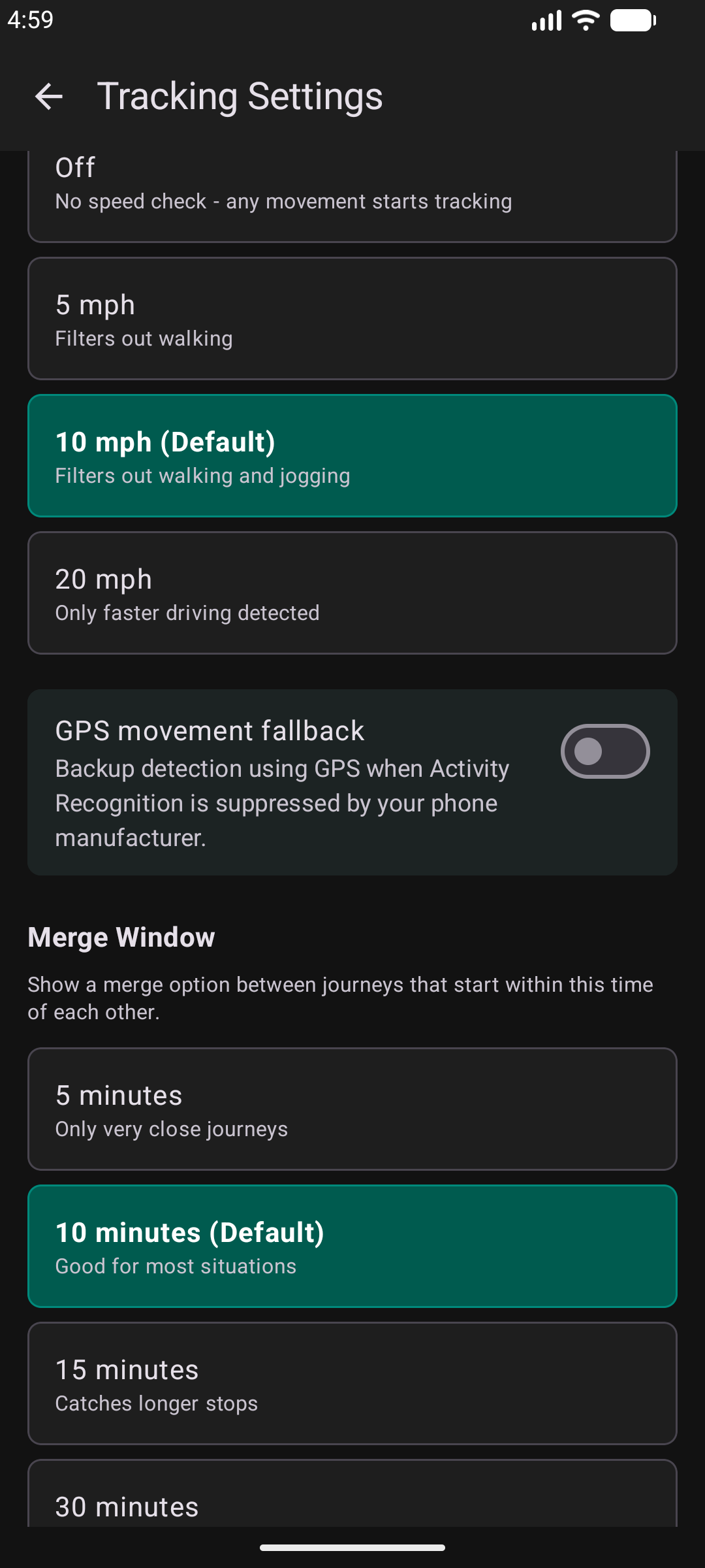 Tracking Settings in dark mode showing driving detection speed options, GPS movement fallback toggle, and merge window settings